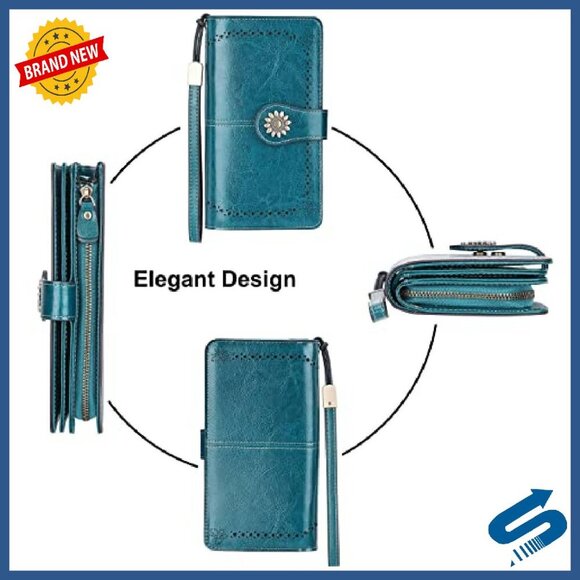 Large Capacity Genuine Leather RFID Blocking Wristlet Wallet Clutch - Picture 5 of 8